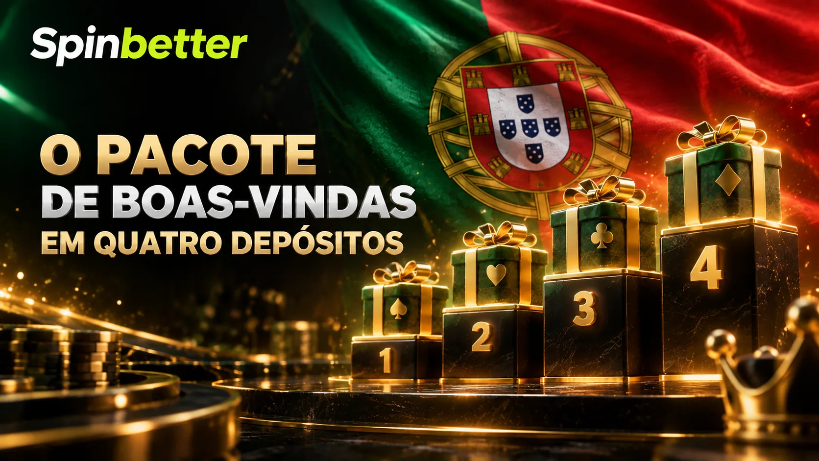 As quatro tranches do pacote de boas-vindas de casino, com percentagens e rodadas